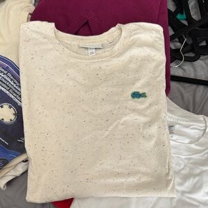 Lacoste Cream Speckled Crewneck T-Shirt with Green Crocodile
